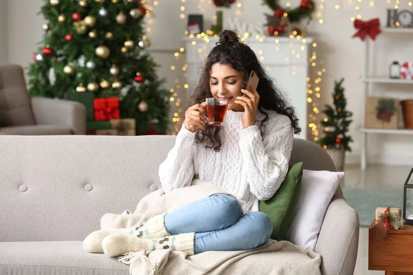 Beautiful Woman Drinking Tea Talking Phone Home Christmas Eve — Stock Photo, Image