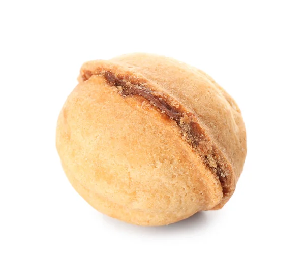 Biscuit Savoureux Forme Noix Avec Lait Condensé Bouilli Sur Fond — Photo