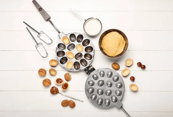 Bowl Fresh Dough Ingredients Preparing Tasty Walnut Shaped Cookies Boiled — Stock Photo, Image