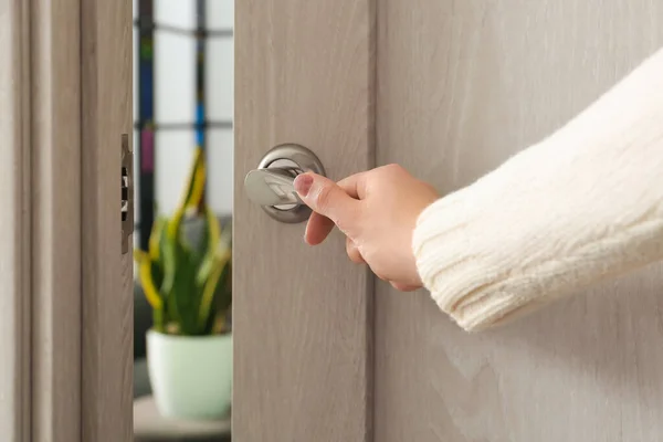 Woman Opening Light Door Home Closeup — Stock Photo, Image