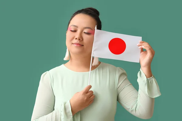 Beautiful Young Asian Woman Flag Japan Green Background — Stock Photo, Image