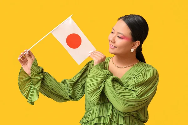 Beautiful Young Asian Woman Flag Japan Yellow Background — Stock Photo, Image