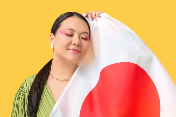 Beautiful Young Asian Woman Flag Japan Yellow Background — Stock Photo, Image