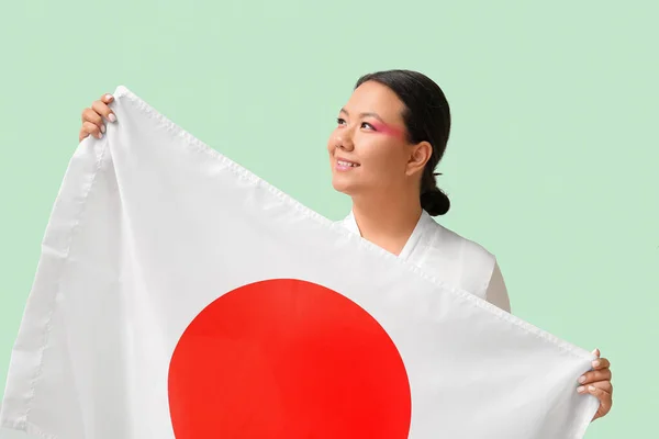 Beautiful Young Asian Woman Flag Japan Color Background — Stock Photo, Image