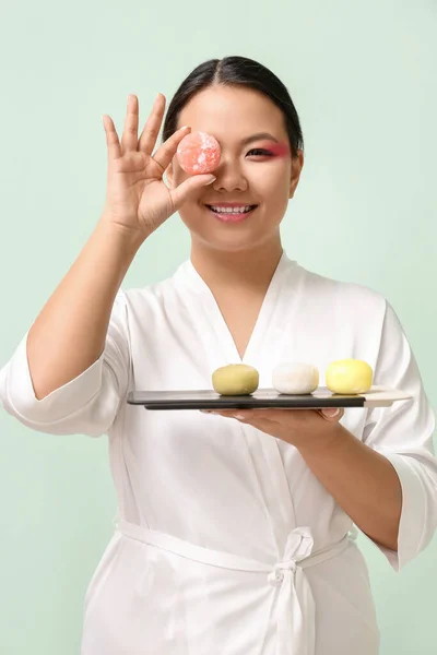 Beautiful Asian Woman Tasty Japanese Mochi Color Background — Stock Photo, Image