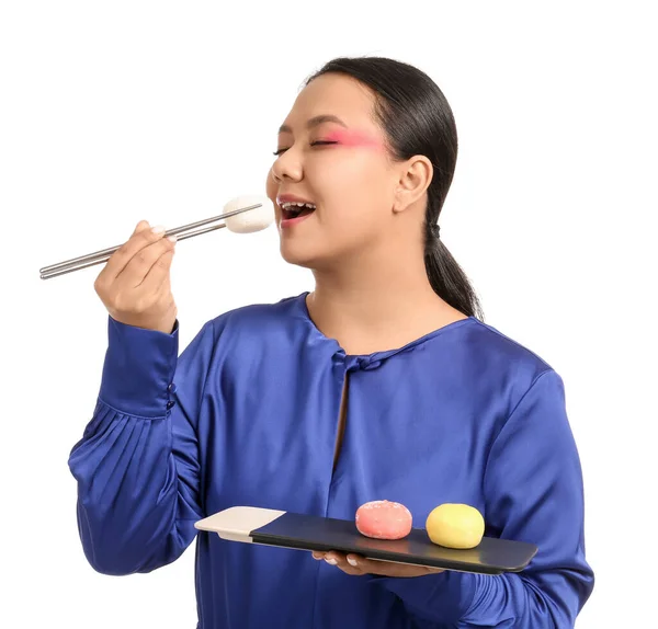 Beautiful Asian Woman Eating Tasty Japanese Mochi White Background — Stock Photo, Image
