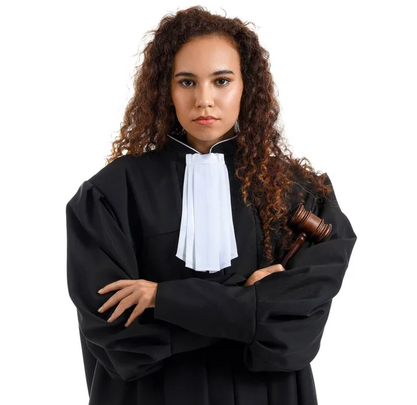Young Female Judge Gavel White Background — Stock Photo, Image