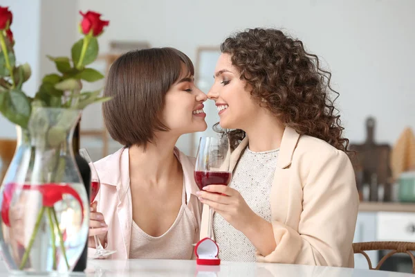 Happy Engaged Lesbian Couple Drinking Wine Home — Stock Photo, Image