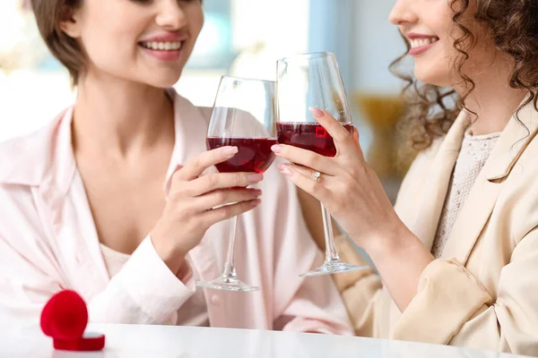 Happy Engaged Lesbian Couple Drinking Wine Home — Stock Photo, Image