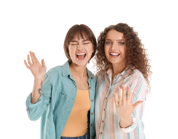 Happy Engaged Lesbian Couple White Background — Stock Photo, Image