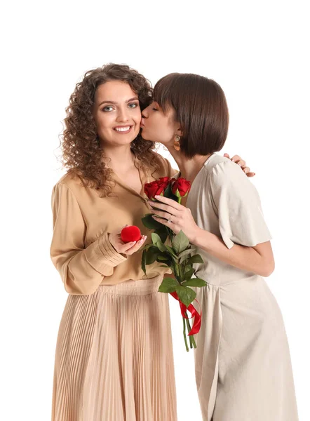 Happy Engaged Lesbian Couple White Background — Stock Photo, Image