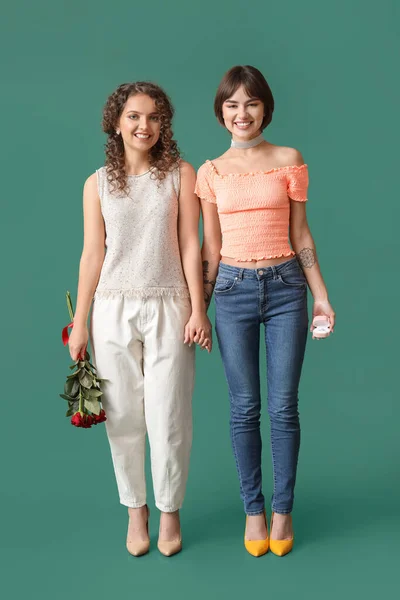 Happy Engaged Lesbian Couple Color Background — Stock Photo, Image