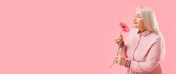 Зрелая Женщина Ароматным Цветком Розовом Фоне Пространством Текста Международный Женский — стоковое фото