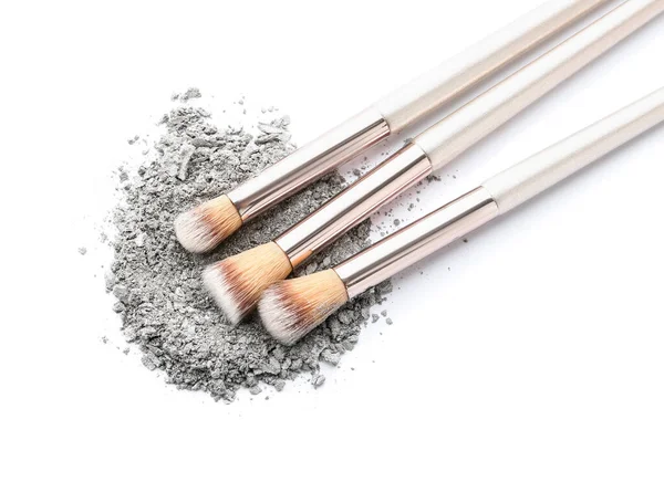 Makeup Brushes Loose Eye Shadow White Background — Stock Photo, Image