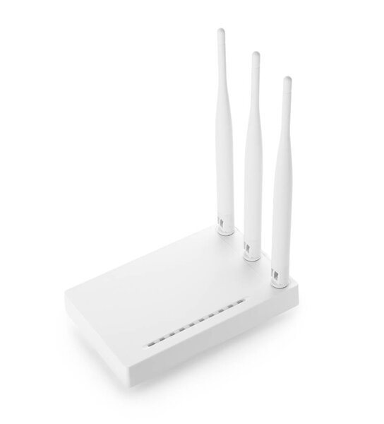 Wi-Fi router with antennas on white background