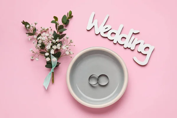 Beautiful Composition Wedding Rings Color Background — Stock Photo, Image