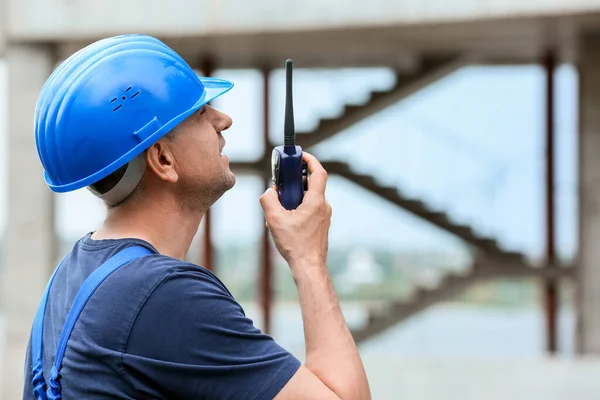 Male Worker Safety Hardhat Radio Transmitter Construction Site — Stock Photo, Image