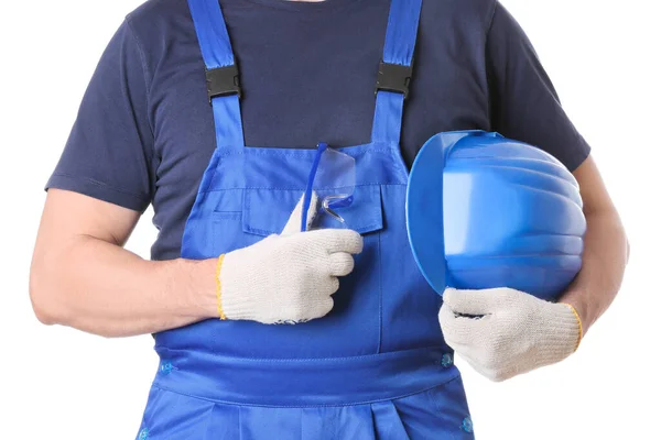 Trabajador Masculino Con Sombrero Seguridad Gafas Sobre Fondo Blanco — Foto de Stock