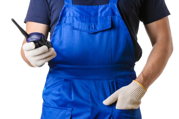 Male Worker Radio Transmitter White Background — Stock Photo, Image