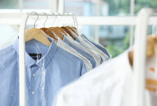 Rack Clean Shirts Plastic Bags Dry Cleaning — Stock Photo, Image