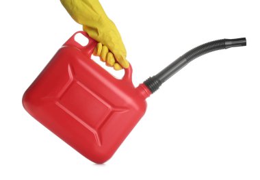 Beyaz arka planda plastik eldivenli bir kadın.