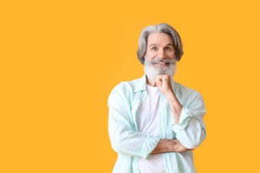 Sarı arka planda mavi gömlekli son sınıf öğrencisi.