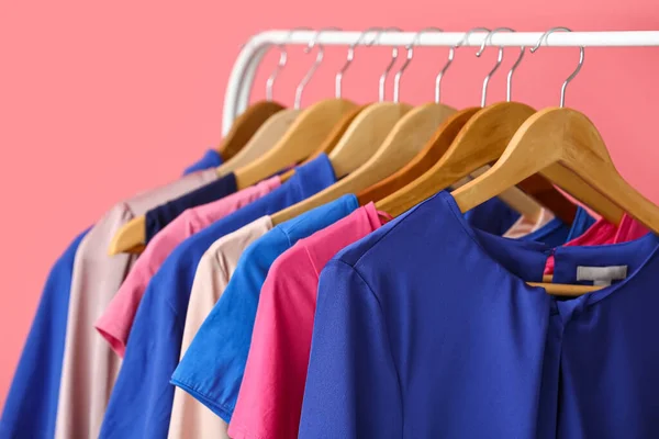 Rack Clean Colorful Clothes Pink Background Closeup — Stock Photo, Image