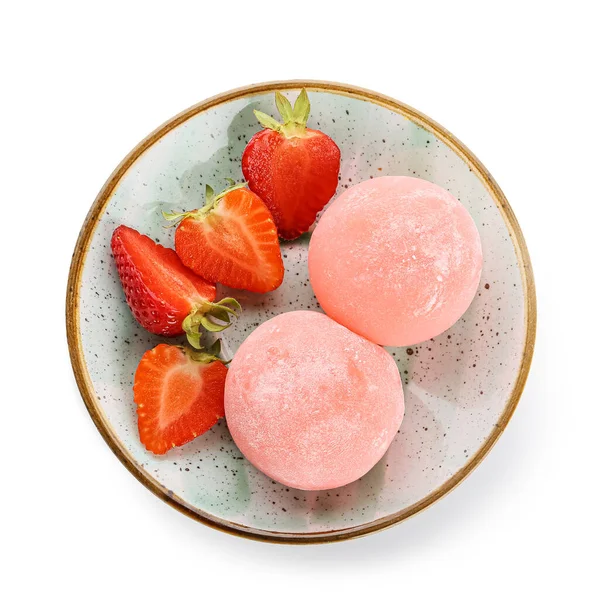 Plate Delicious Mochi Strawberry White Background — Stock Photo, Image