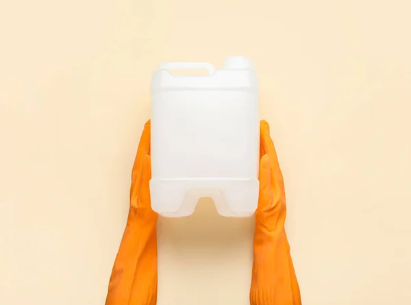 Female Hands Rubber Gloves Holding Canister Light Background — Stock Photo, Image