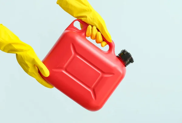 Female Hands Rubber Gloves Holding Canister Color Background — Stock Photo, Image