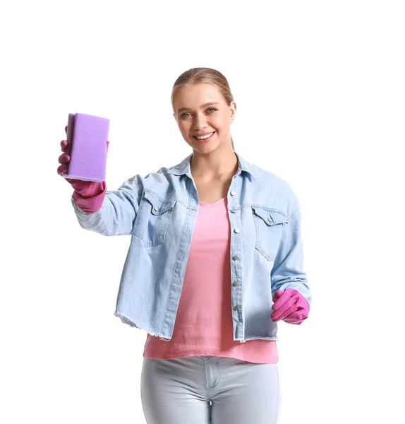 Young Woman Sponge White Background — Stock Photo, Image