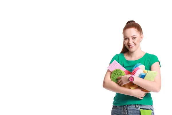 Young Woman Many Sponges White Background — Stock Photo, Image