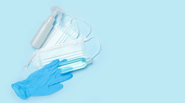 Medical Masks Rubber Gloves Hand Sanitizers Color Background — Stock Photo, Image