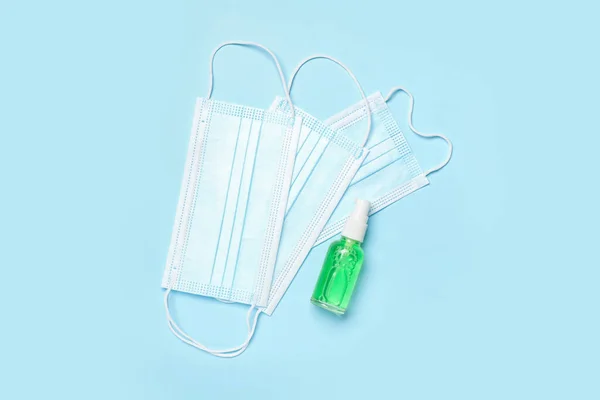 Medical Masks Hand Sanitizers Color Background — Stock Photo, Image