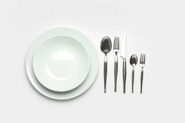 Plates Set Cutlery White Background — Stock Photo, Image