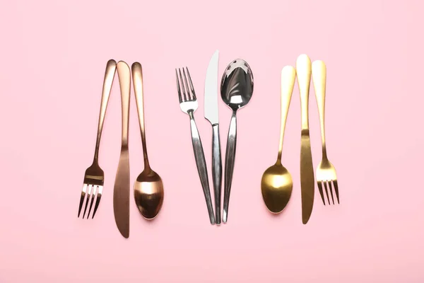 Set Different Stainless Steel Cutlery Color Background — Stock Photo, Image