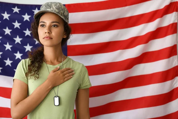 African American Female Soldier Usa Flag — Stock Photo, Image