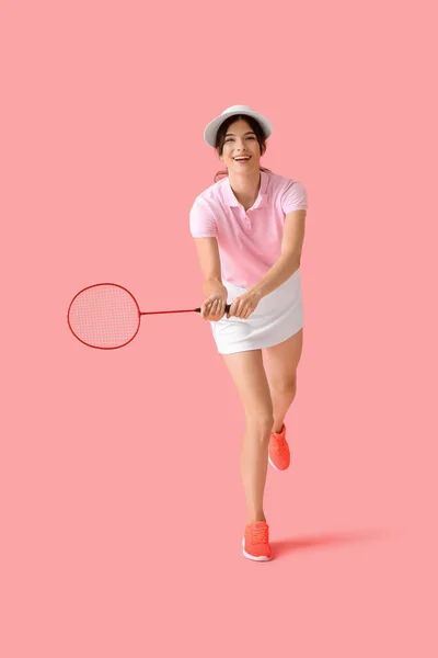 Joueuse Badminton Féminine Sportive Sur Fond Couleur — Photo