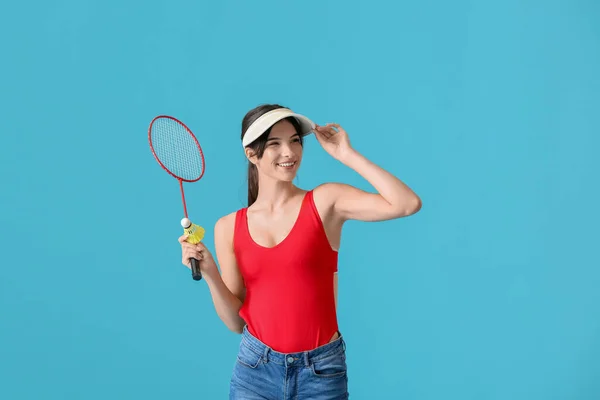 Sporty Female Badminton Player Color Background — Stock Photo, Image