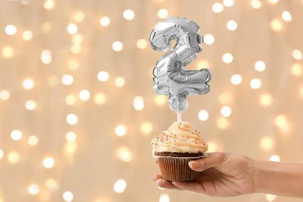 Woman Holding Birthday Cupcake Blurred Background — Stock Photo, Image