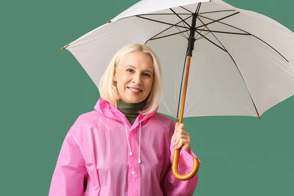 Beautiful Mature Woman Raincoat Umbrella Color Background — Stock Photo, Image