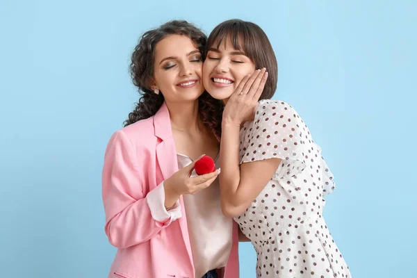 Happy Engaged Lesbian Couple Color Background — Stock Photo, Image