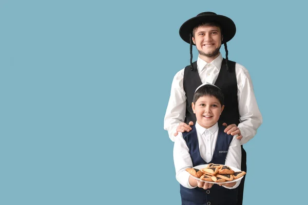 Jewish Man Boy Tasty Hamantaschen Purim Holiday Grey Background — Stock Photo, Image