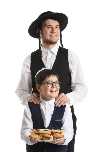 Hombre Niño Judío Con Sabroso Hamantaschen Para Purim Vacaciones Sobre —  Fotos de Stock