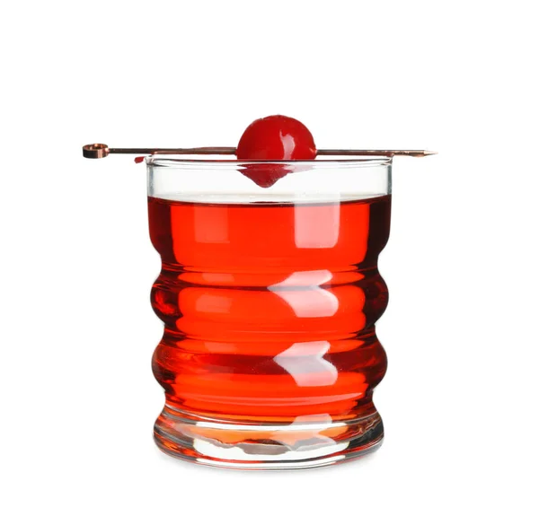 Glass Manhattan Cocktail Cherry White Background — Stock Photo, Image