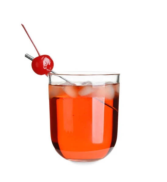 Glas Manhattan Cocktail Met Kers Ijs Witte Achtergrond — Stockfoto