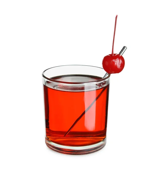 Glass Manhattan Cocktail Cherry White Background — Stock Photo, Image