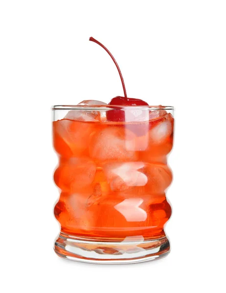 Glass Manhattan Cocktail Cherry Ice White Background — Stock Photo, Image