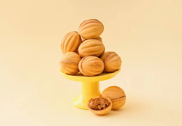 Dessert Stand Tasty Walnut Shaped Cookies Boiled Condensed Milk Color — Stock Photo, Image