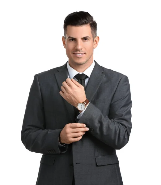 Schöner Mann Formalen Anzug Der Den Ärmel Auf Weißem Hintergrund — Stockfoto